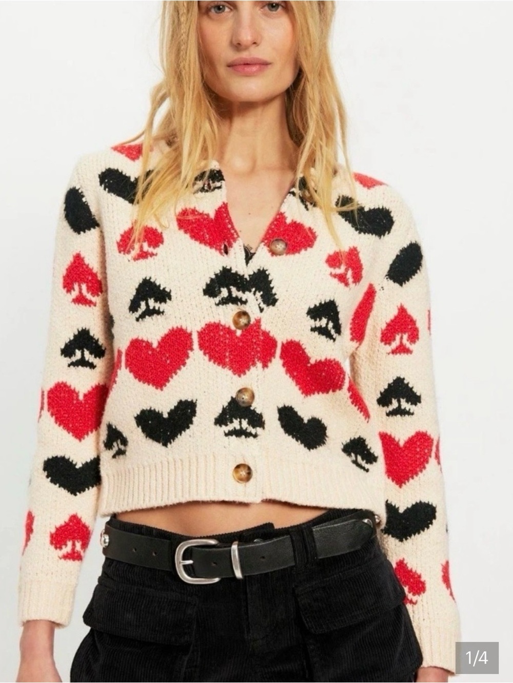 Free People Queenie Cardi Cardigan Buttons Heart Spade Ivory Red & Black Size L
